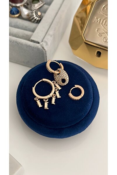 SU PERİSİ TAKI BİJUTERİ Gold Baget Taşlı Shakira ve Düğme Modelli Set Küpe