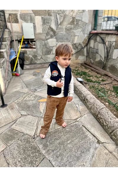 Mu Art Ahşap 3-4-5 Years Old Corduroy Trousers Quilted Hooded Vest Long Sleeve Sweat 3-Piece Boy's Set L