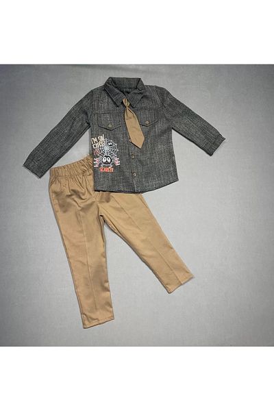 Mu Art Ahşap 3-4-5 Years Old Tie Linen Shirt Gabardine Trousers Long Sleeve 3-Piece Boy's Set Brown