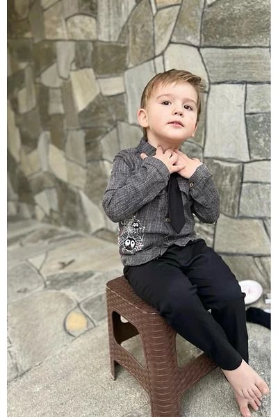 Mu Art Ahşap 3-4-5 Years Old Tie Linen Shirt Gabardine Trousers Long Sleeve 3-Piece Boy's Set Brown