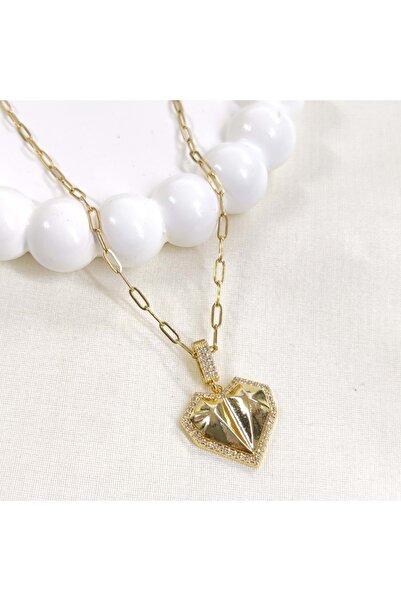 Güler Yüzlü Silver Gold Yellow 45+5 cm Heart Necklace - Steel Paperclip Chain