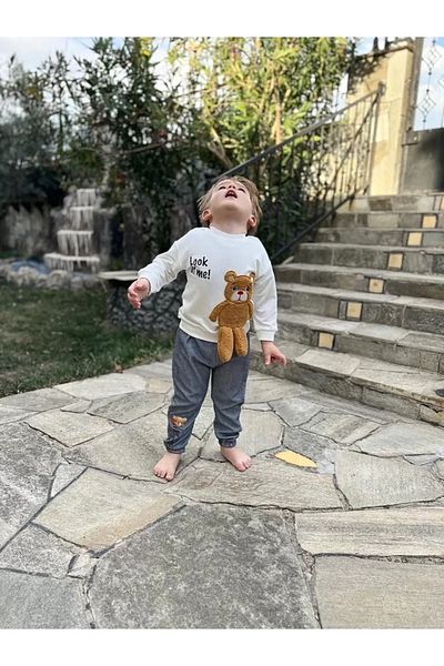 Mu Art Ahşap 2-3-4 Years Old Teddy Bear Rocking Foot Patterned Lycra Combed Fabric Sweat Trousers 2-Piece Children's Set for Girls and Boys