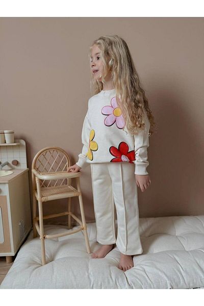 YİGİT BUTİK Yigit Boutique Floral Printed Spanish Leg Girl's Bottom Top Set