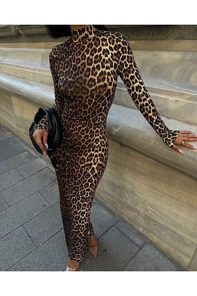 Kokosh moda Γυναικείο μακρυμάνικο ζιβάγκο Gull Lycra Leopard μοτίβο Maxi φόρεμα