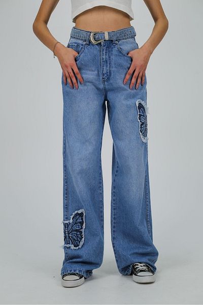 Gofeel Pantaloni Y2k Blue Baggy Unisex oversize cu broderie fluture