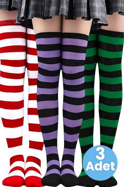 Trenderrs Дамски чифт от 3 дебели раирани чорапи над коляното
