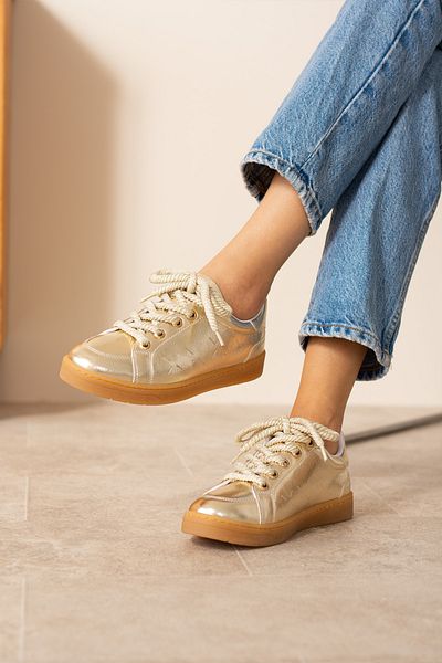 KOTAN Gold Women's Thick Lace-Up Leather Look Comfortable Women's Sneakers Sneakers