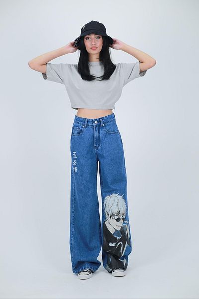 Gofeel Y2k Blue Baggy Unisex πλενόμενο παντελόνι με στάμπα Anime
