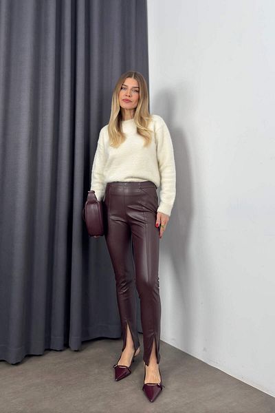 Sue Store Pantaloni din piele artificială maro amar cu fermoar și talie elastică