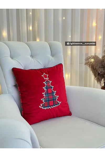 DECO Red Velvet Fabric Applique Embroidery Pine Tree Pattern Christmas Throw Pillow Cover