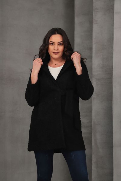 Mezure Side Tie Hooded Boucle Coat Plus Size