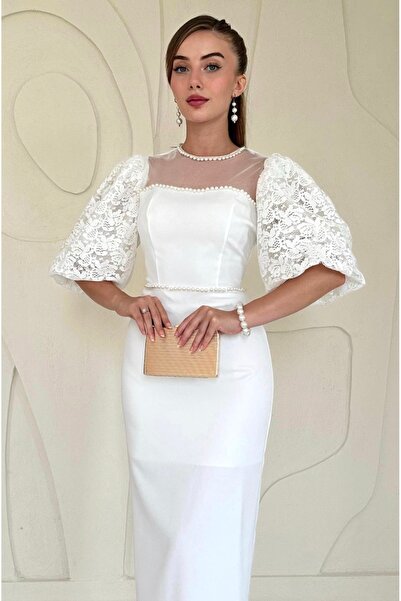 Butik Aura Mou Beyaz Kolları Dantelli İnci Detaylı Elbise
