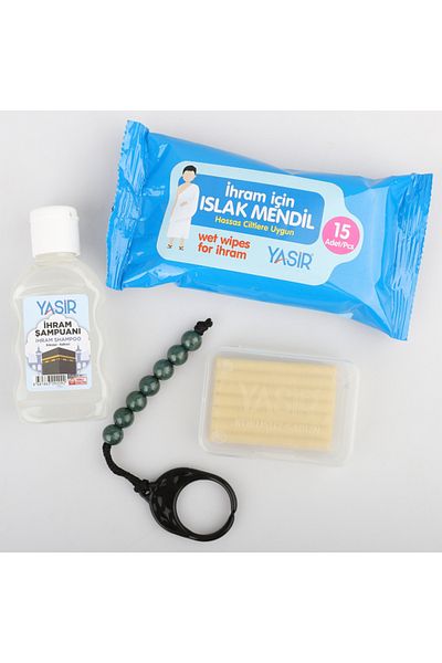 Yasir Hajj Umrah Unscented Set - Wet Wipes, Soap Liquid, Soap Pan and Rosary