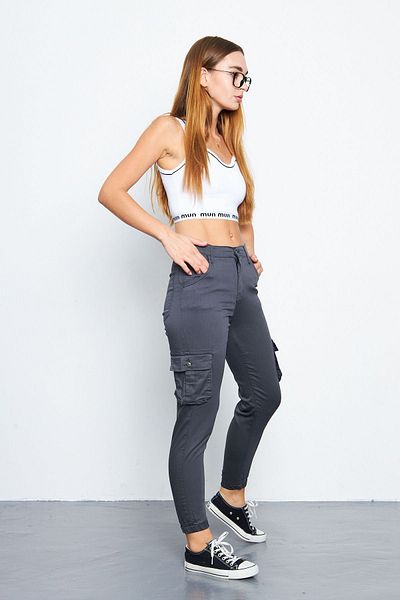 Oyga Jogger de damă, gri închis, cu picior elastic, cu buzunare cargo, pantaloni de damă din gabardină