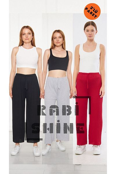 Rabi Shine 3-Piece Ribbed Comfortable Sweatpants - Black, Gray, Red, Casual Home Wear Bottoms