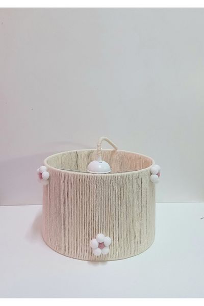 C&A&B KUZEY AVİZE Cylinder Macrame Ecru Rope Wrapped Pink Pompom Floral Young Room Baby Kids Room Design Chandelier