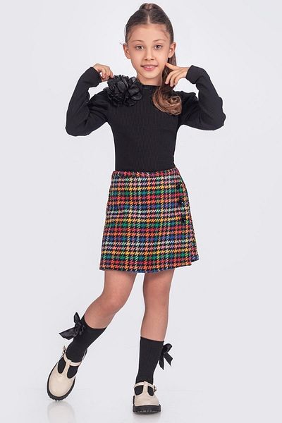 Minik Dolap Girl's Black Plaid Set - Rose Decorated Blouse and Colorful Shorts Skirt