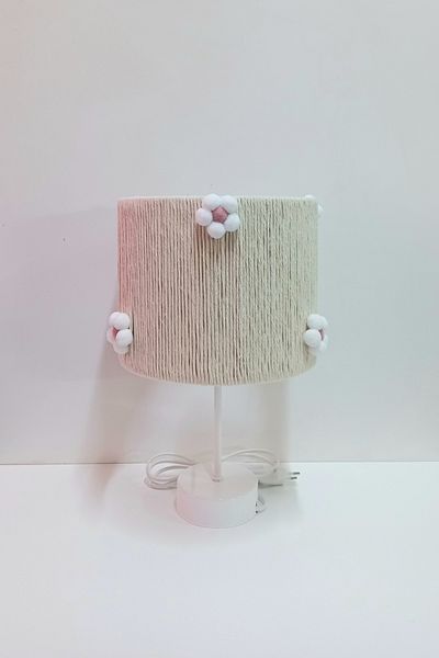 C&A&B KUZEY AVİZE Cylinder Ecru Makrome Rope Wraped Pink Flower Pompon Baby Girl's Children's Room Lamp Shade