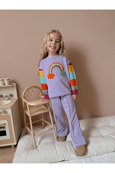 Reversıble Kız çocuk kolları örgülü gökkuşağı detaylı takım