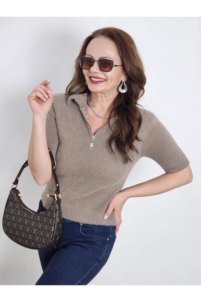 Felix Butik FELİX13159 Polo Yaka Fermuarlı Kısa Kol Vizon Triko Kazak