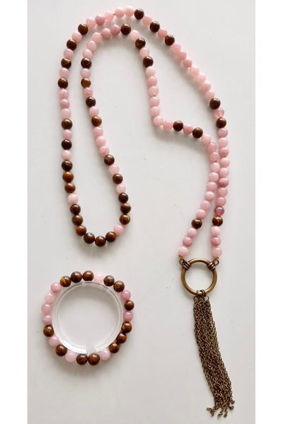 PİRAMİGO Gül Kuvars & Kaplan Gözünden Aşk Cesaret Kararlılık Tılsımı 108 Mala...