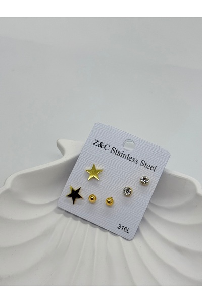 Özce Set of 6 Star Model Steel Earrings