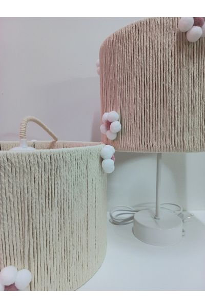 C&A&B KUZEY AVİZE Pink Floral Pattern Cylinder Ecru Macrame Rope Wrap - Baby Girl and Girl's Room Chandelier and Lampshade Set