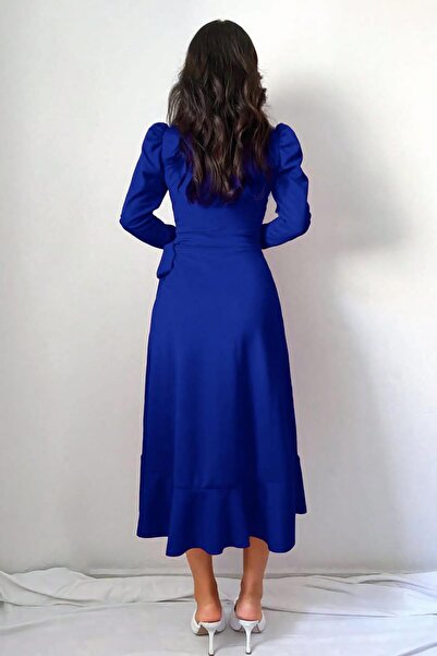 Deafox Modré midi šaty s dlouhým rukávem a páskem z krepové látky