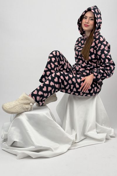 Betimoda Women's Winter Pajamas Set - Fleece, Elastic Waist, Hood, Black Heart Pattern