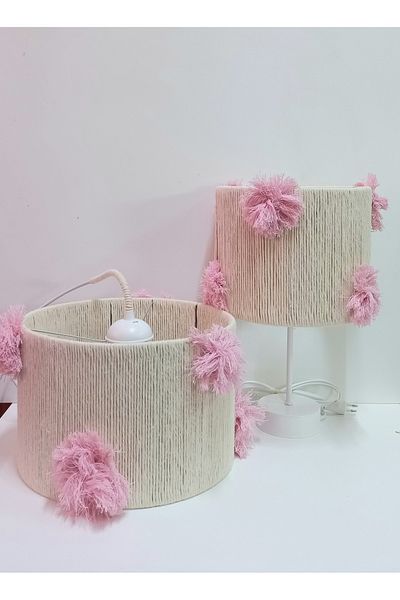 C&A&B KUZEY AVİZE Pink Ecru Macrame Rope Wrap - Pompom Baby and Children's Room Chandelier and Lampshade Set