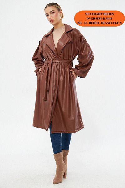 Rabi Shine Women's Brown Waist Tied Sleeve Gathered Leather Trench Coat