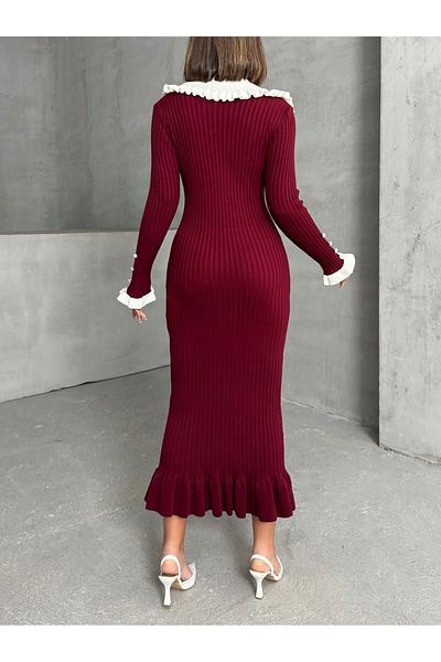 Lusin Rochie de damă, roșu claret, cu guler elegant, cu detalii de lungime midi