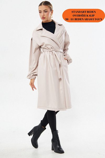 Rabi Shine Women's Stone Waist Tied Sleeve Gathered Leather Trench Coat