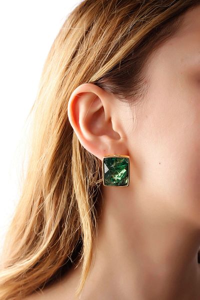 MATYA JEWELERY Matya Gold Color Lacquer Plated Studded Green Stone Model Earrings