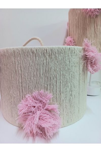 C&A&B KUZEY AVİZE Pink Ecru Macrame Rope Wrap - Pompom Baby and Children's Room Chandelier and Lampshade Set