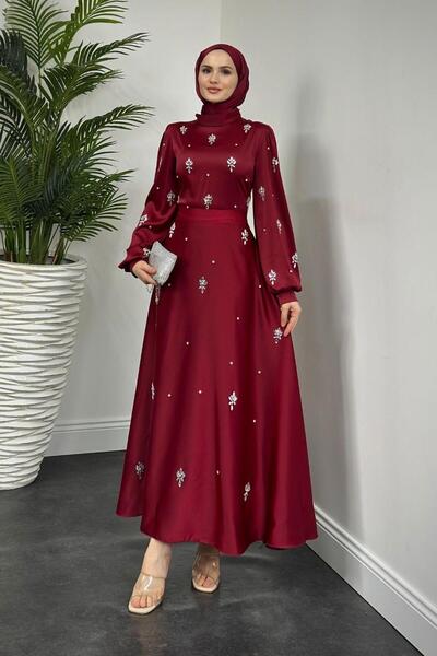MERVEN AKYÜZ Novella Stoned Satin Evening Dress Burgundy