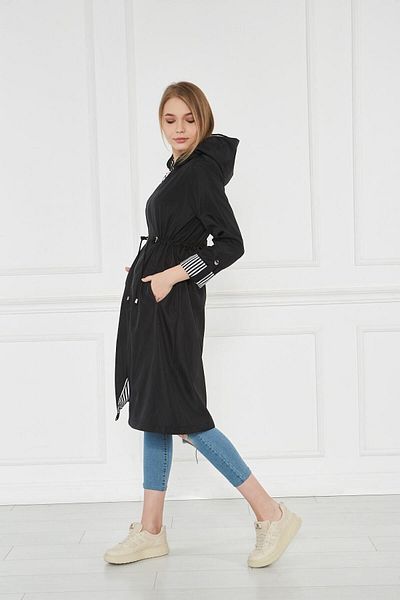comstar Women's Drawstring Water Repellent Black Hooded Loose Trench Coat