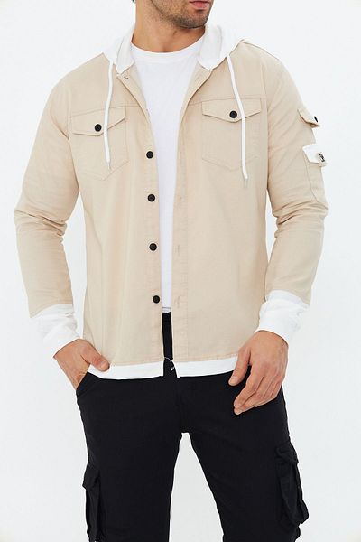 Oyga Cămașă pentru bărbați, slim fit, din bumbac pieptănat, cu glugă, cu buzunar dublu