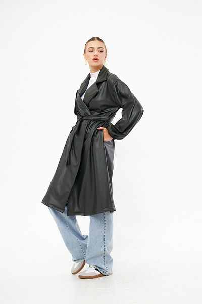 Rabi Shine Women's Emerald Waist Tied Sleeve Gathered Leather Trench Coat