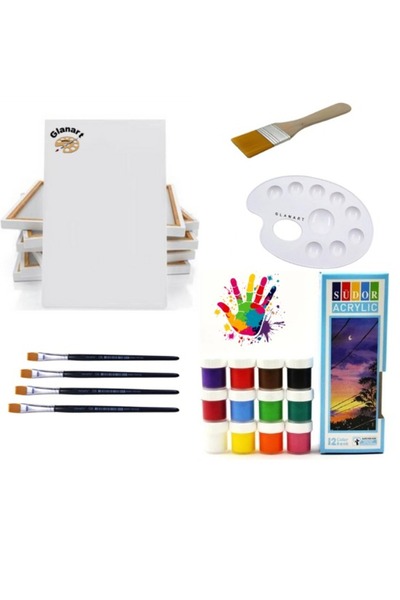 Glanart 12 renk akrilik boya seti 25x35 tuval ipek fırça seti 12x20 ml