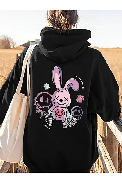 LAND MODA Унисекс черен суитшърт с качулка и щампа