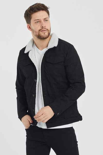 Enuygunenmoda Men's Black Fur Lined Denim Jacket