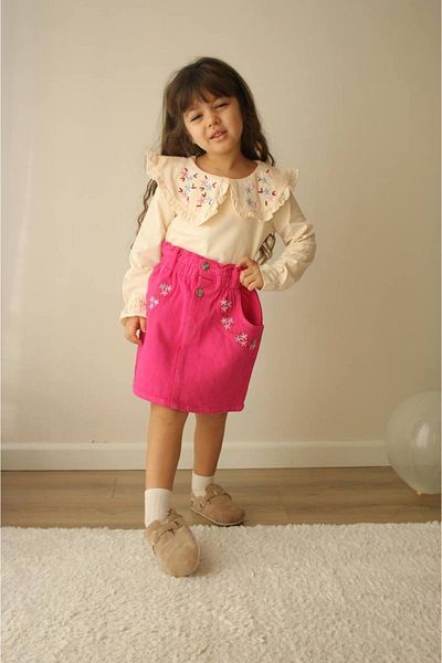Prime Butik Fuchia Flower Embroidered Denim Skirt Collar Girl's Bady Sweater