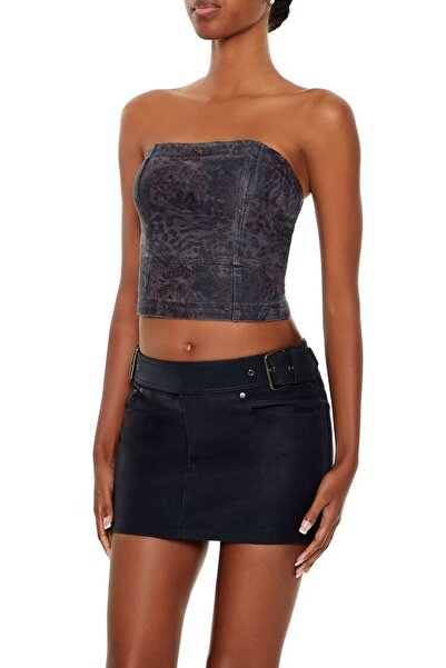 Forever 21 Metalik Leopar Desenli Denim Straplez