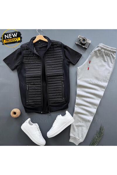 NewCabin سترة مبطنة أساسية - بنطال رياضي صيفي رمادي - تي شيرت أسود مكون من 3 قطع