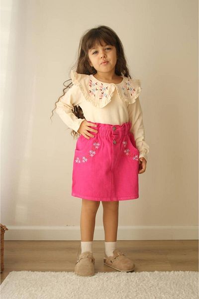 Prime Butik Fuchia Flower Embroidered Denim Skirt Collar Girl's Bady Sweater