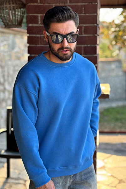 GUARAZ Μπλε ανδρικό φούτερ με λαιμόκοψη Oversize με φλις εσωτερικά, χοντρή και μαλακή υφή Basic