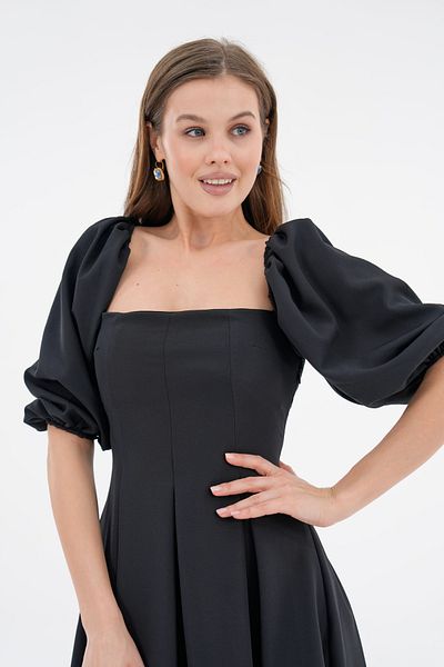 4S1B FASHION Rochie neagră pentru femei Atlas, fără bretele, decolteu larg evazat, lungime midi, cu mâneci balon scurte 167