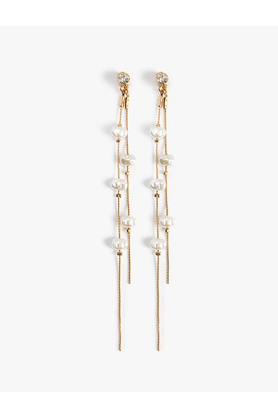 Koton Pearl Earrings with Dangle 2 Rows Chain Detail