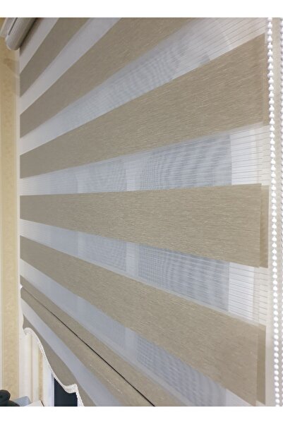 StorBurada Zebra Stor Perde Organze Bej Etek Dilimli STB905